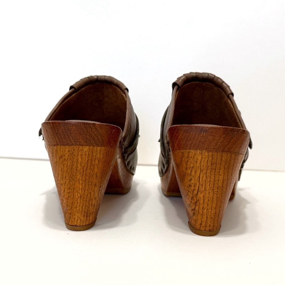RACHEL COMEY BROWN LEATHER FRINGE WOOD HEEL CLOGS MULES - Picture 5 of 15